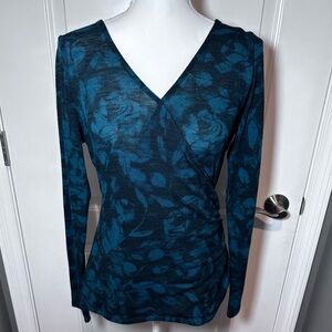 Rock & Republic Teal Floral Wrap Front Long Sleeve Top M